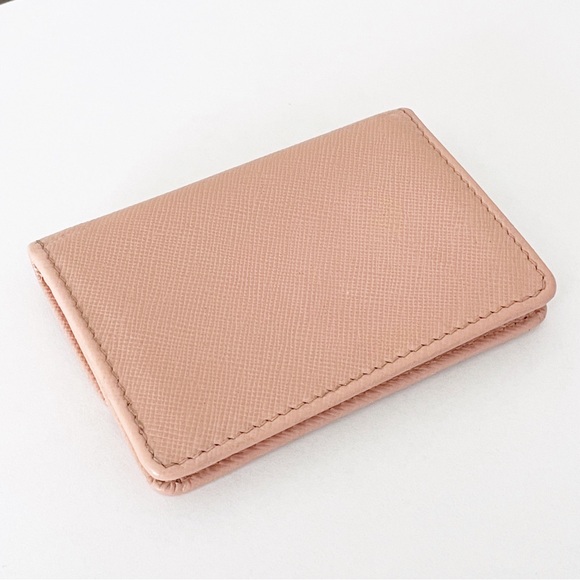 Prada pink saffiano leather gold logo card snap case wallet - Picture 3 of 11